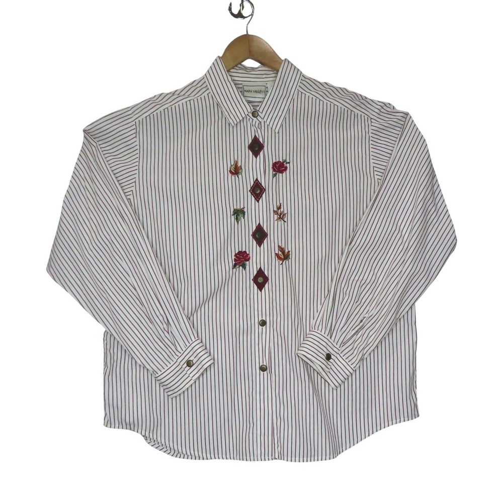 Napa Valley Vintage Striped Cottagecore Y2K Shirt Floral Embroidered Large